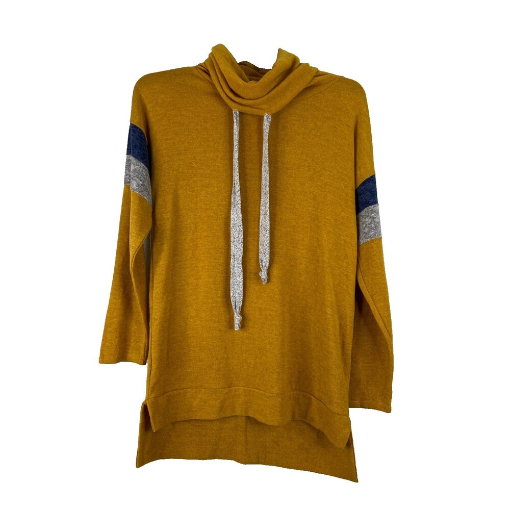My Story Women Medium Mustard Sweater Cowl Neck Oversized Stripe
